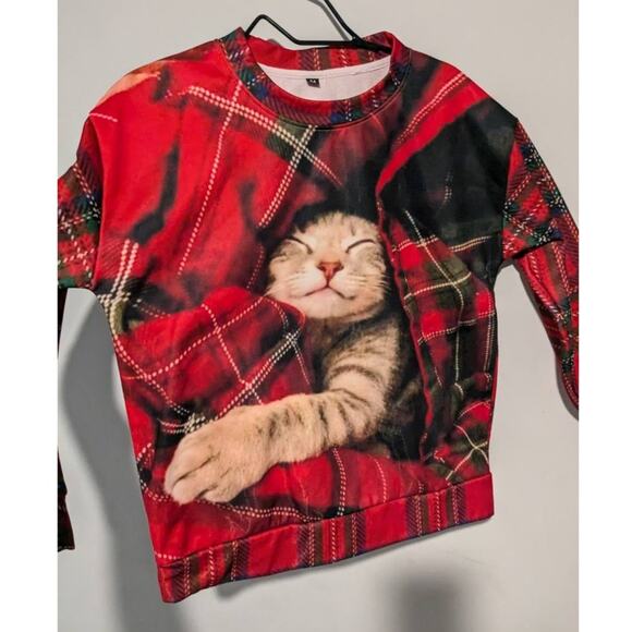 Red Plaid Christmas Cat Adults Sweatshirt Size M - Picture 2 of 6